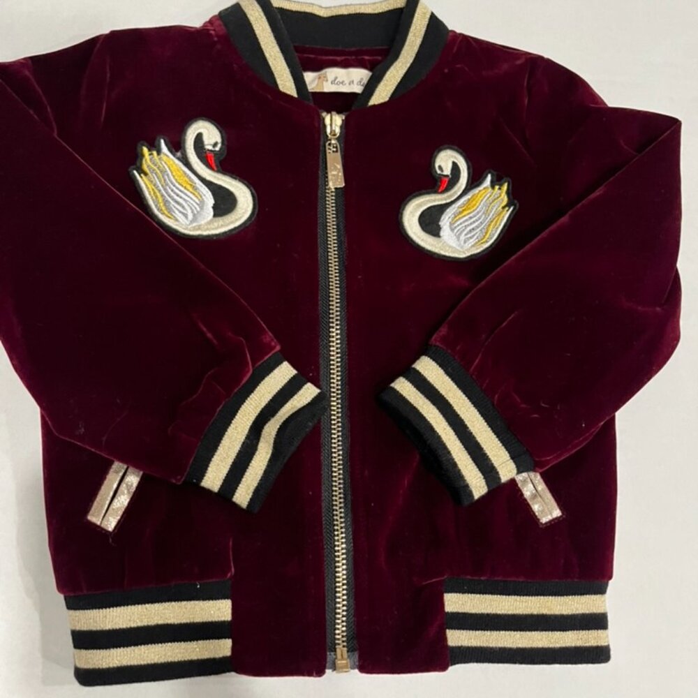 Girl - 2T - Doe a Dear Maroon Velvet Swan Bomber Jacket with Gold Accents